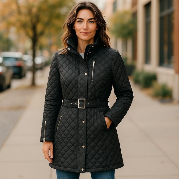 Michael Kors Black Quilted Jacket with Gold Zippers - Picture 1 of 4